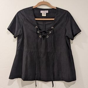 Charcoal Lace-Up Short Sleeve Top